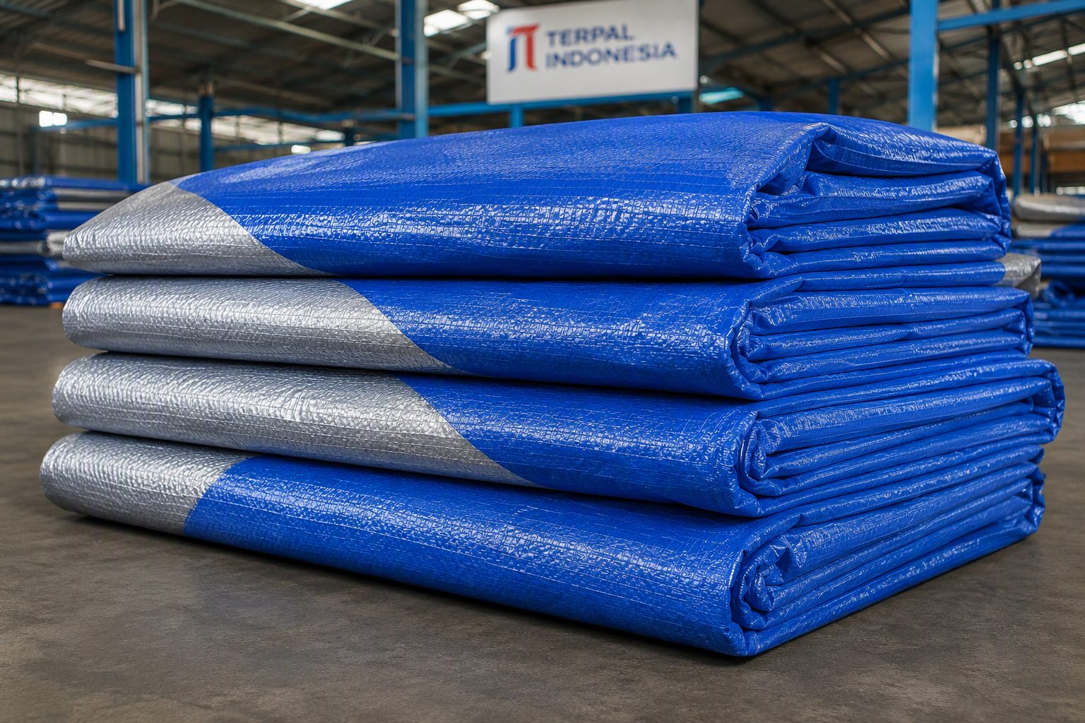 Terpal PE biru dengan mata ayunan di tepi lembaran