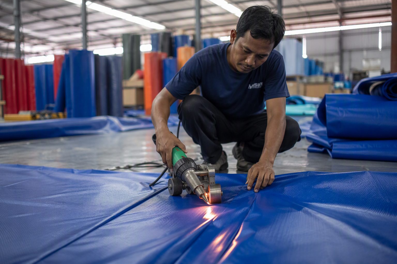 Proses welding penyambungan lembaran terpal custom sesuai pesanan